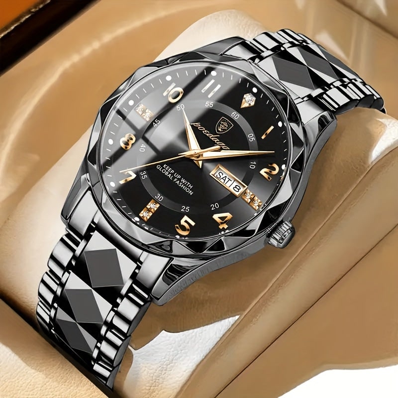 Mens Sports Analog Dress Watch with Day Date Window and Faceted Bezel