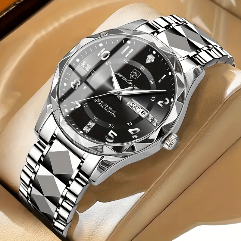 Mens Sports Analog Dress Watch with Day Date Window and Faceted Bezel