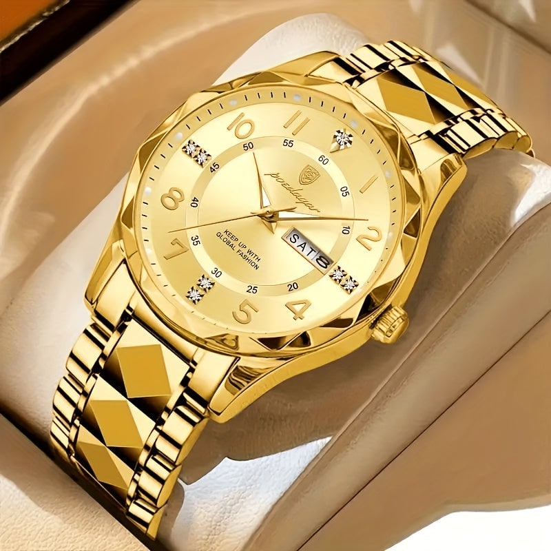Mens Sports Analog Dress Watch with Day Date Window and Faceted Bezel