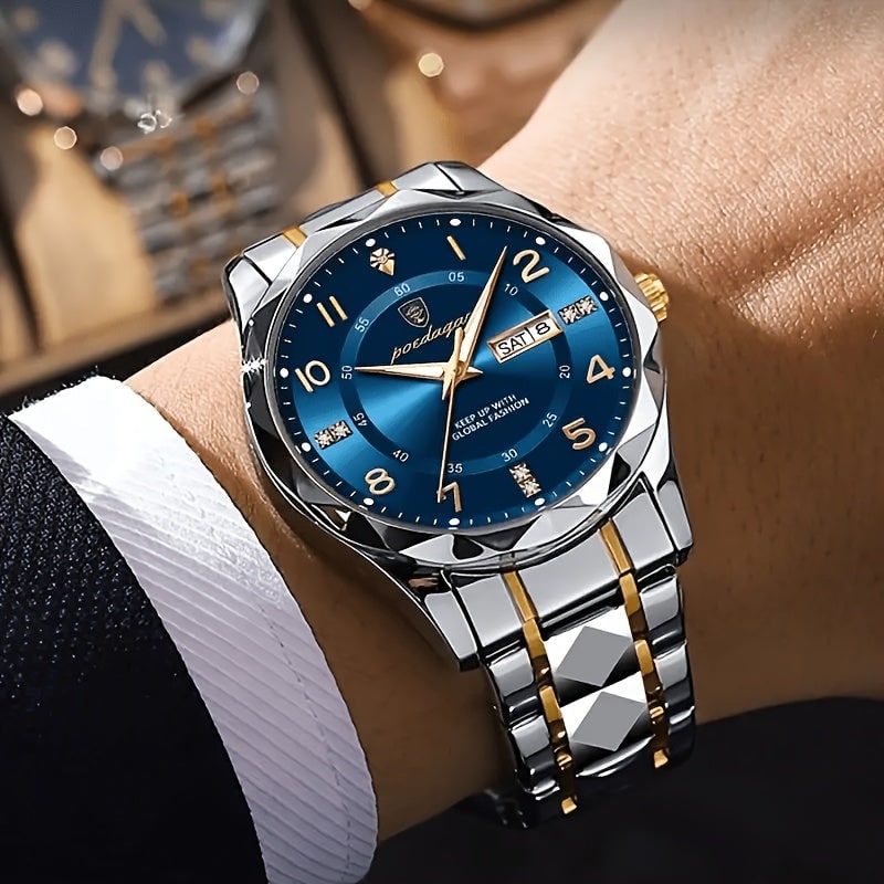 Mens Sports Analog Dress Watch with Day Date Window and Faceted Bezel