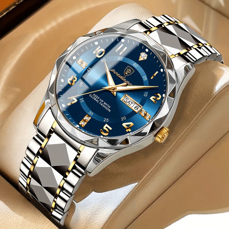 Mens Sports Analog Dress Watch with Day Date Window and Faceted Bezel