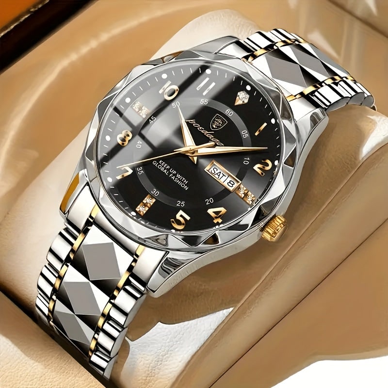 Mens Sports Analog Dress Watch with Day Date Window and Faceted Bezel