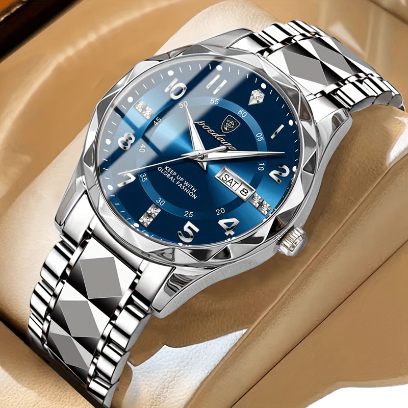 Mens Sports Analog Dress Watch with Day Date Window and Faceted Bezel