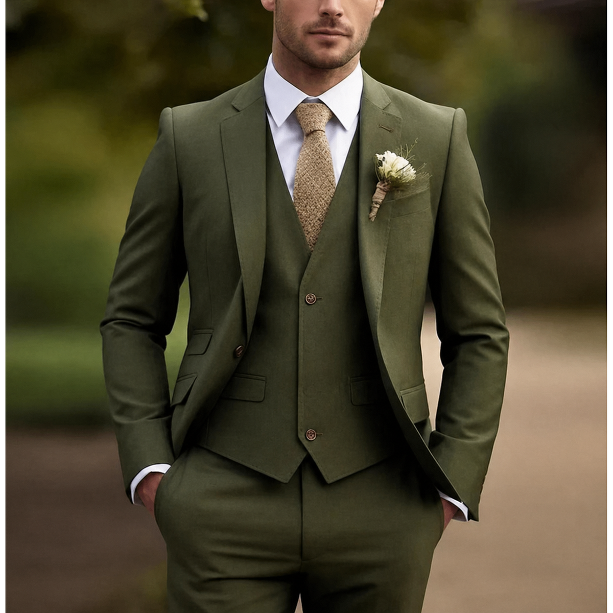 Men's Three Piece Dress Suit with Slim Fit Single Breasted Blazer and Matching Waistcoat