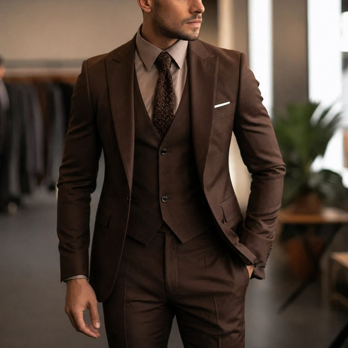 Men's Three Piece Dress Suit with Slim Fit Single Breasted Blazer and Matching Waistcoat