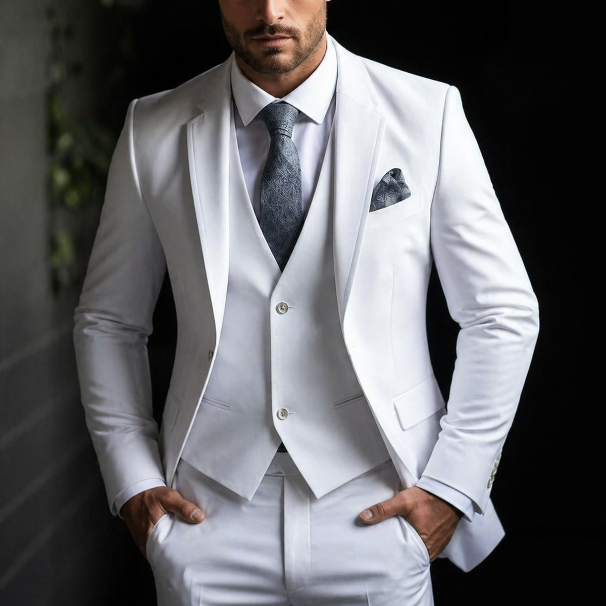 Men's Three Piece Dress Suit with Slim Fit Single Breasted Blazer and Matching Waistcoat