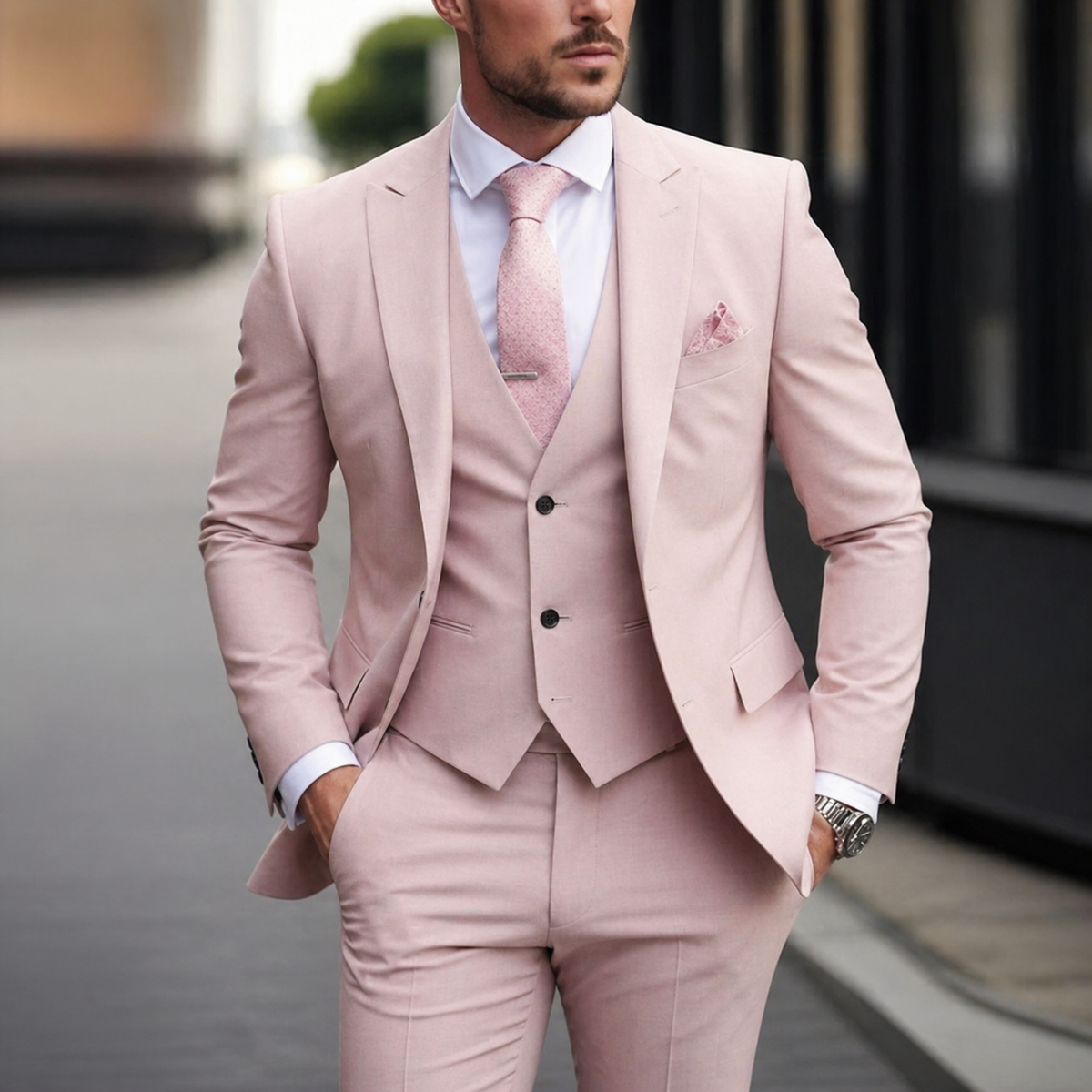 Men's Three Piece Dress Suit with Slim Fit Single Breasted Blazer and Matching Waistcoat