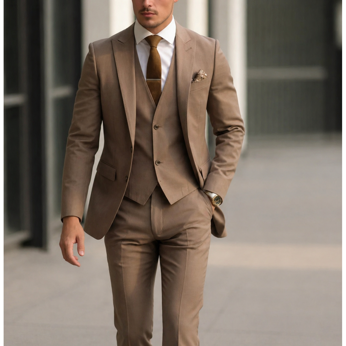 Men's Three Piece Dress Suit with Slim Fit Single Breasted Blazer and Matching Waistcoat