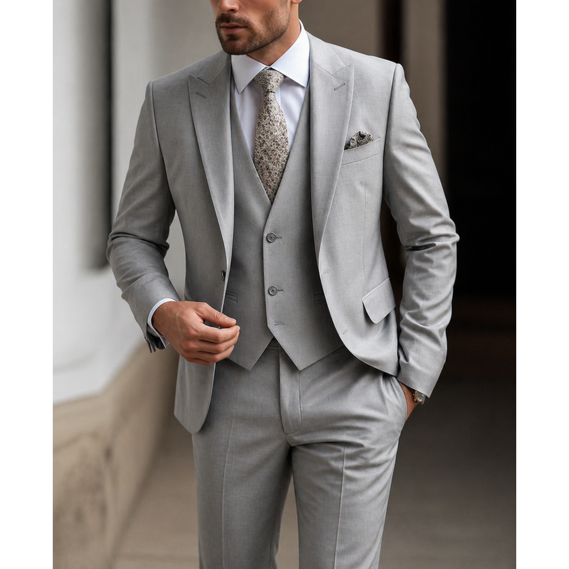 Men's Three Piece Dress Suit with Slim Fit Single Breasted Blazer and Matching Waistcoat
