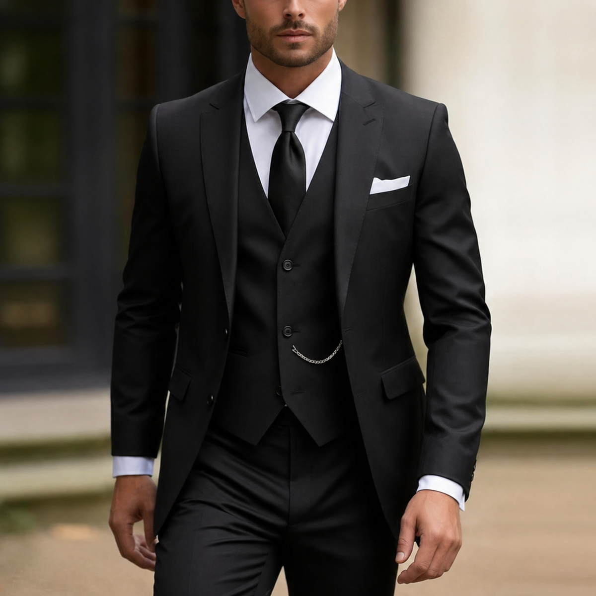 Men's Three Piece Dress Suit with Slim Fit Single Breasted Blazer and Matching Waistcoat