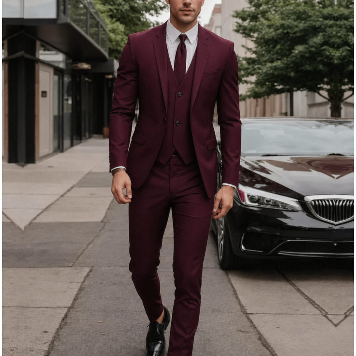 Men's Three Piece Dress Suit with Slim Fit Single Breasted Blazer and Matching Waistcoat