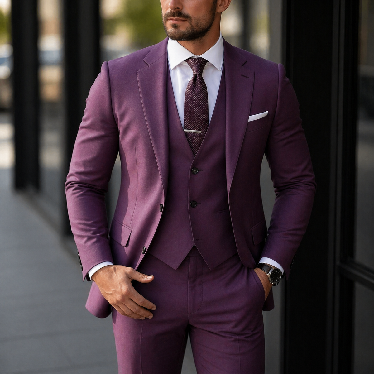 Men's Three Piece Dress Suit with Slim Fit Single Breasted Blazer and Matching Waistcoat