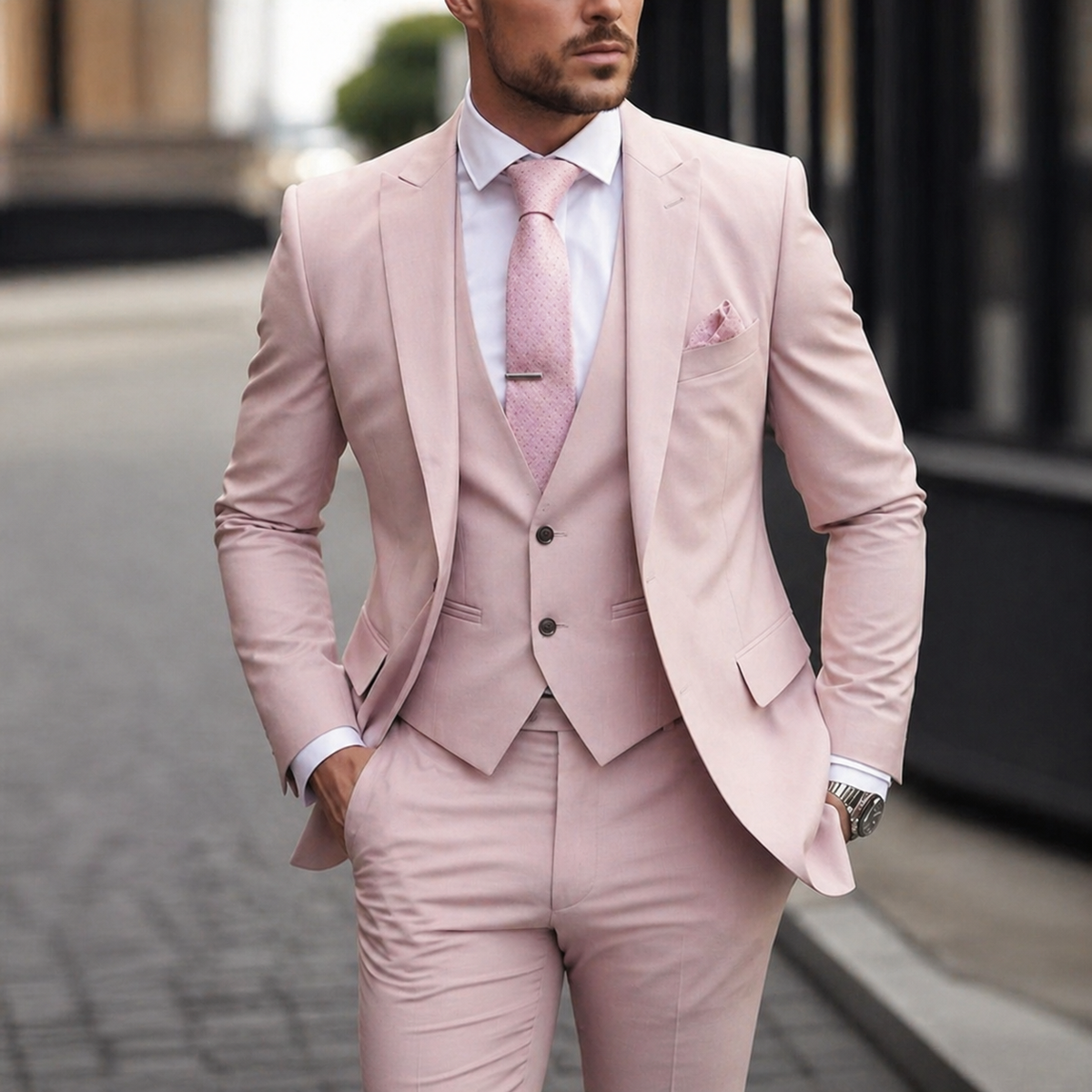 Men's Three Piece Dress Suit with Slim Fit Single Breasted Blazer and Matching Waistcoat