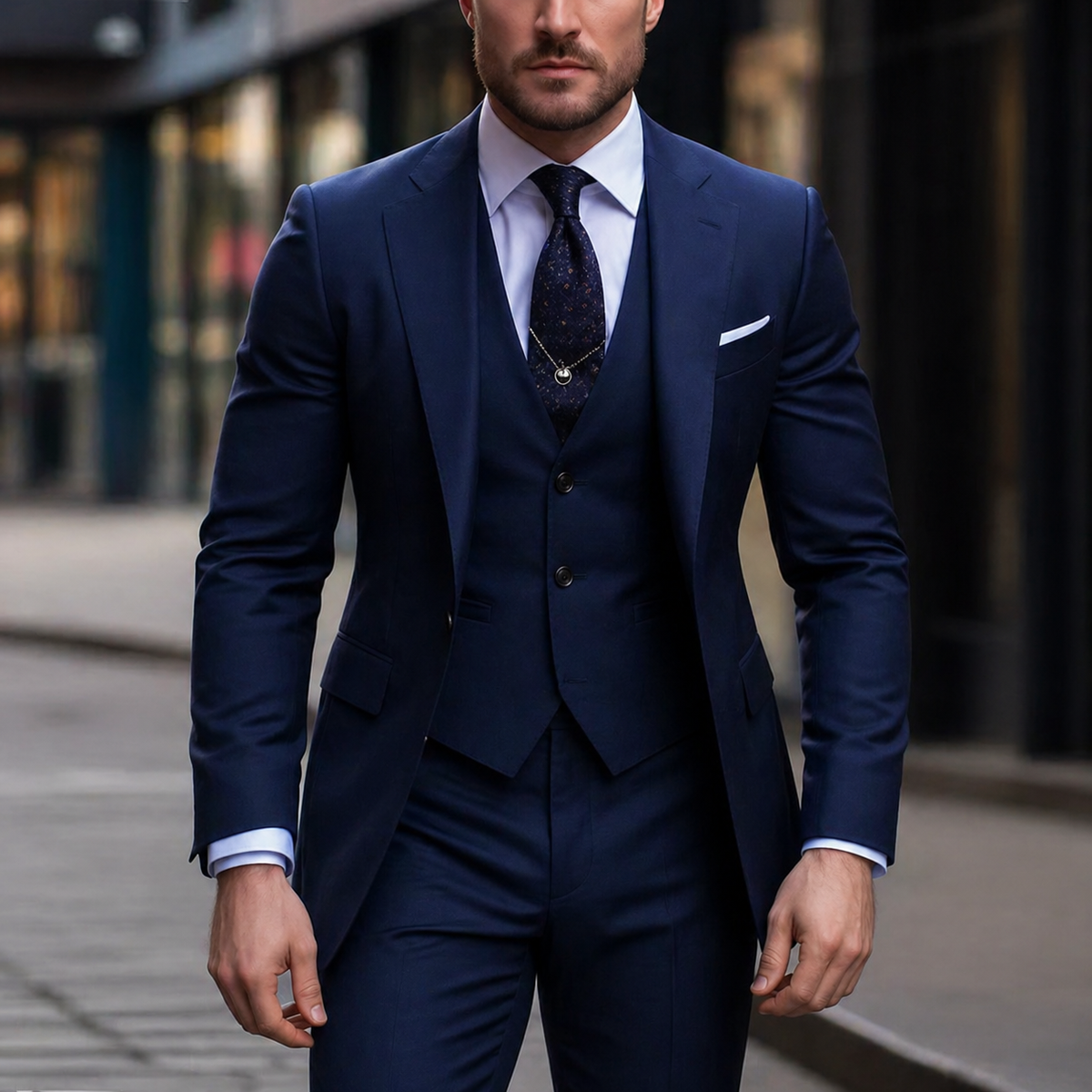 Men's Three Piece Dress Suit with Slim Fit Single Breasted Blazer and Matching Waistcoat
