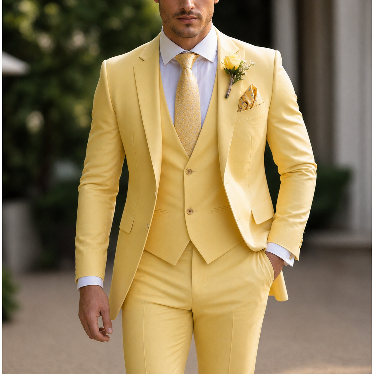 Men's Three Piece Dress Suit with Slim Fit Single Breasted Blazer and Matching Waistcoat