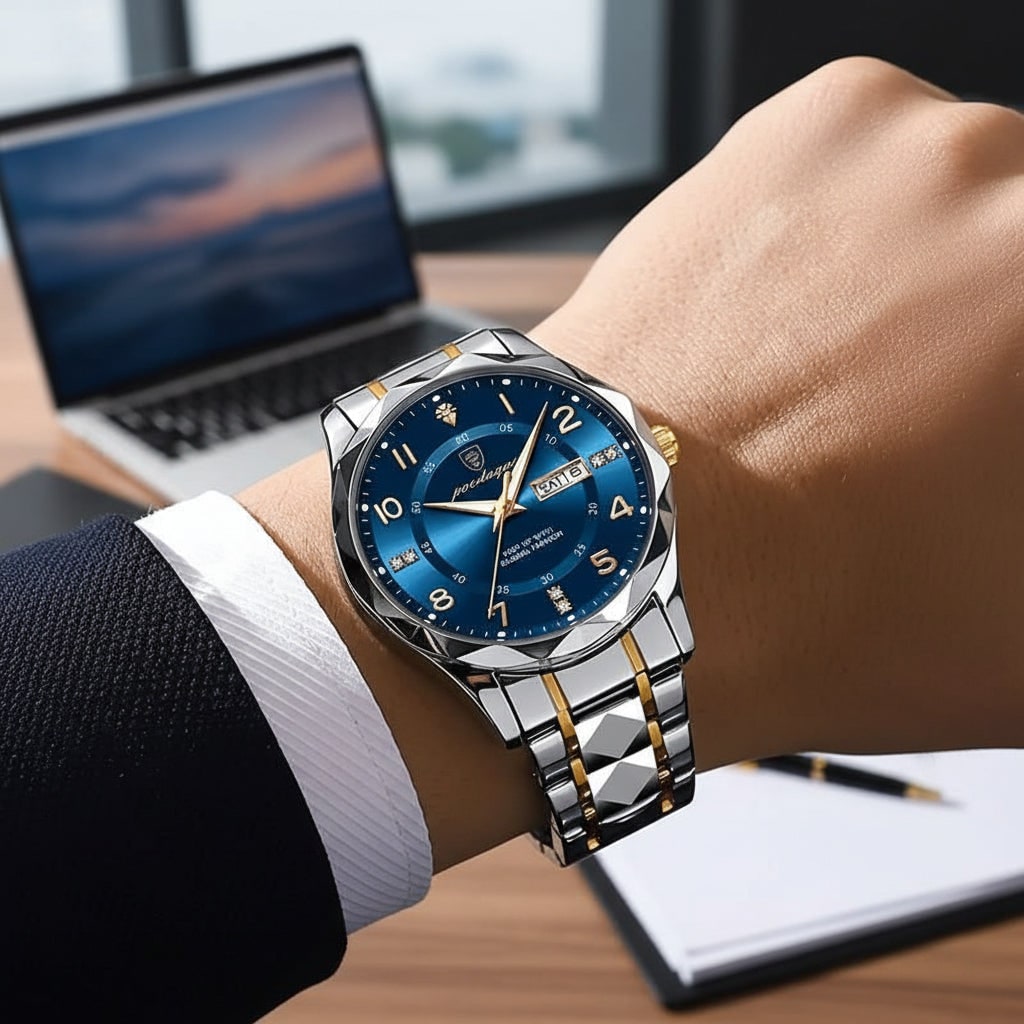 Men's Watches Luxury Analog Sport Watch Metal Link and Day Date Window Wrist