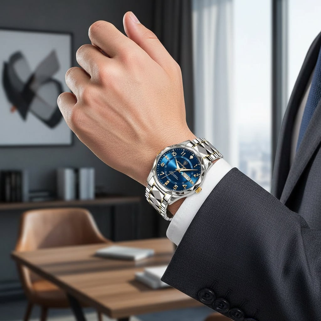 Men's Watches Luxury Analog Sport Watch Metal Link and Day Date Window Wrist