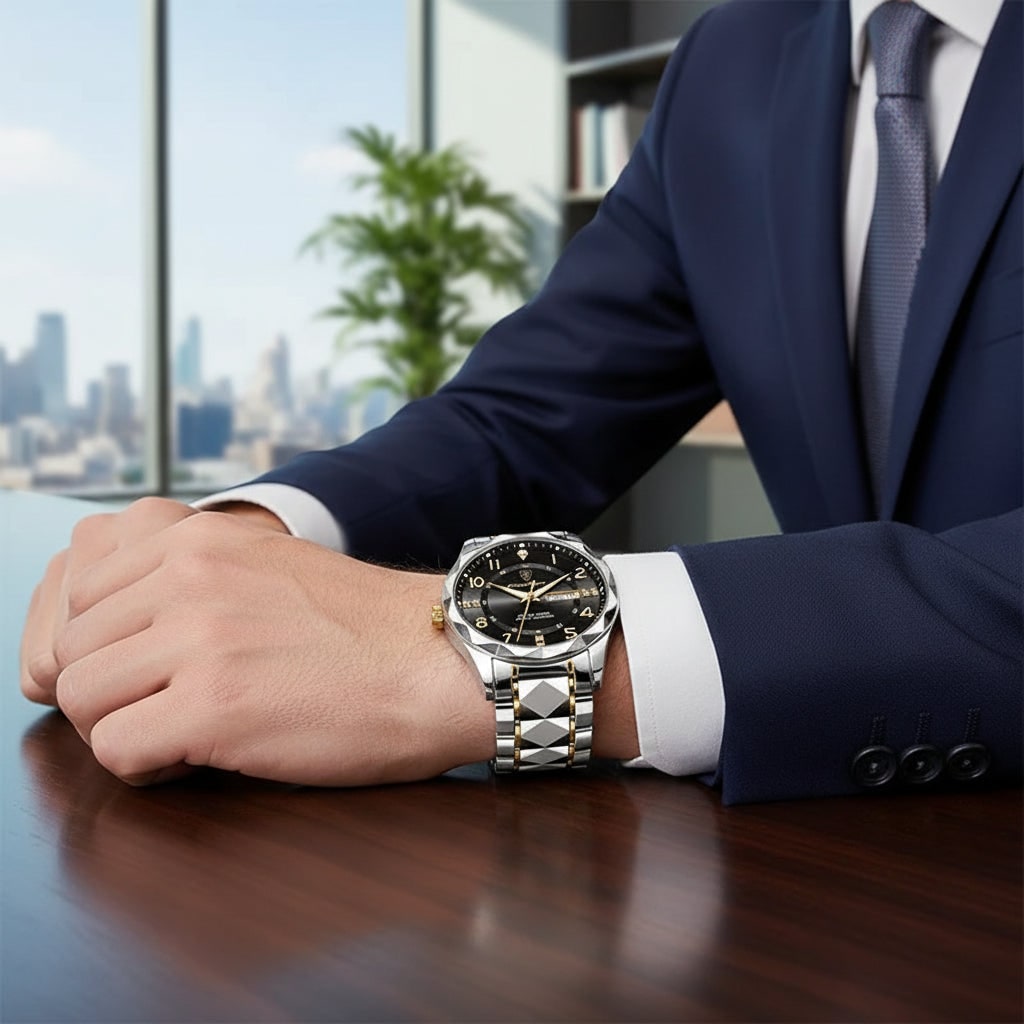 Men's Watches Luxury Analog Sport Watch Metal Link and Day Date Window Wrist