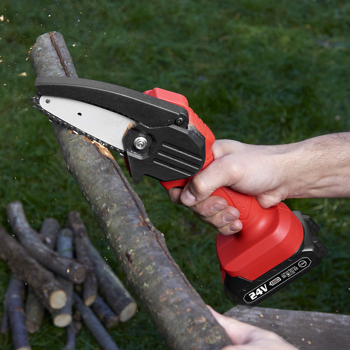 Mini Cordless Chainsaw with 24v Rechargeable Battery and Safety Guard Compact