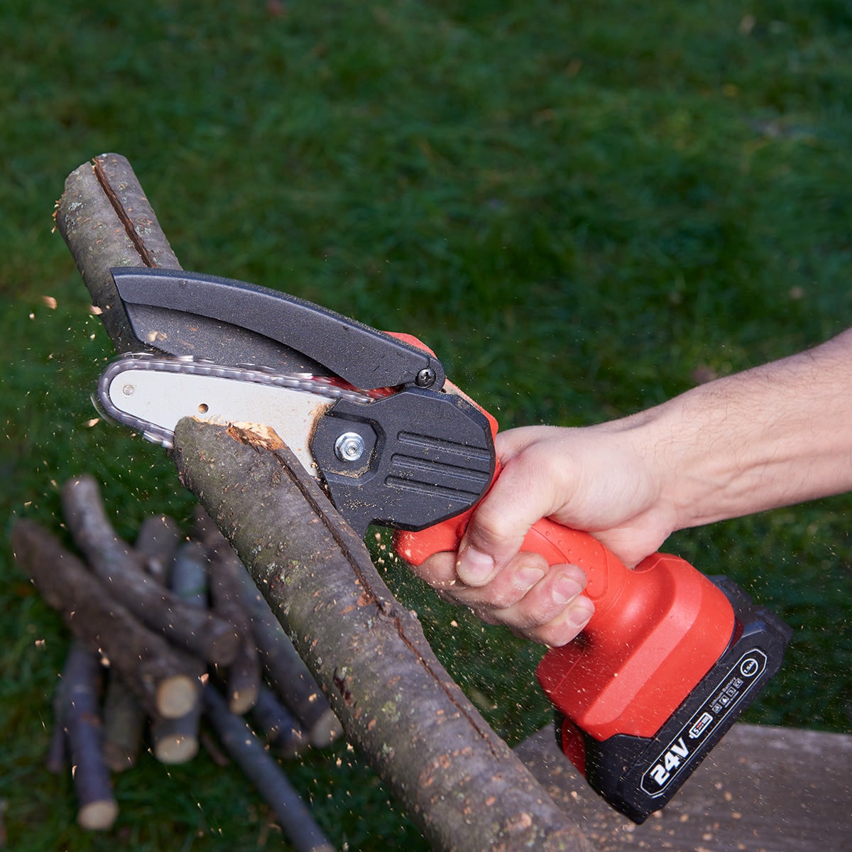Mini Cordless Chainsaw with 24v Rechargeable Battery and Safety Guard Compact