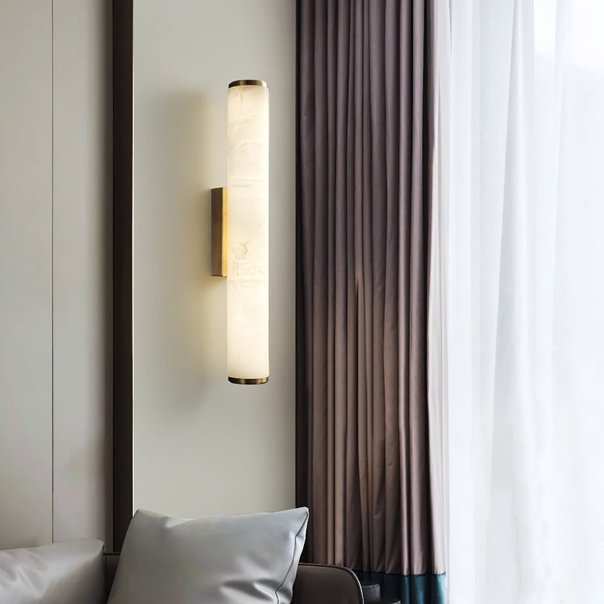 Modern Wall Sconce with Marble Cylinder Shade and Flush Mount Brass Finish Minimalist