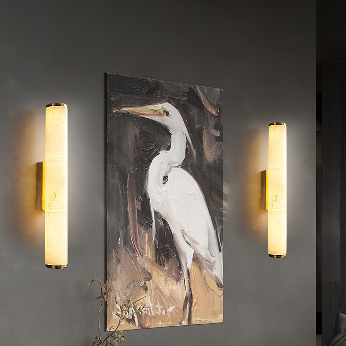 Modern Wall Sconce with Marble Cylinder Shade and Flush Mount Brass Finish Minimalist