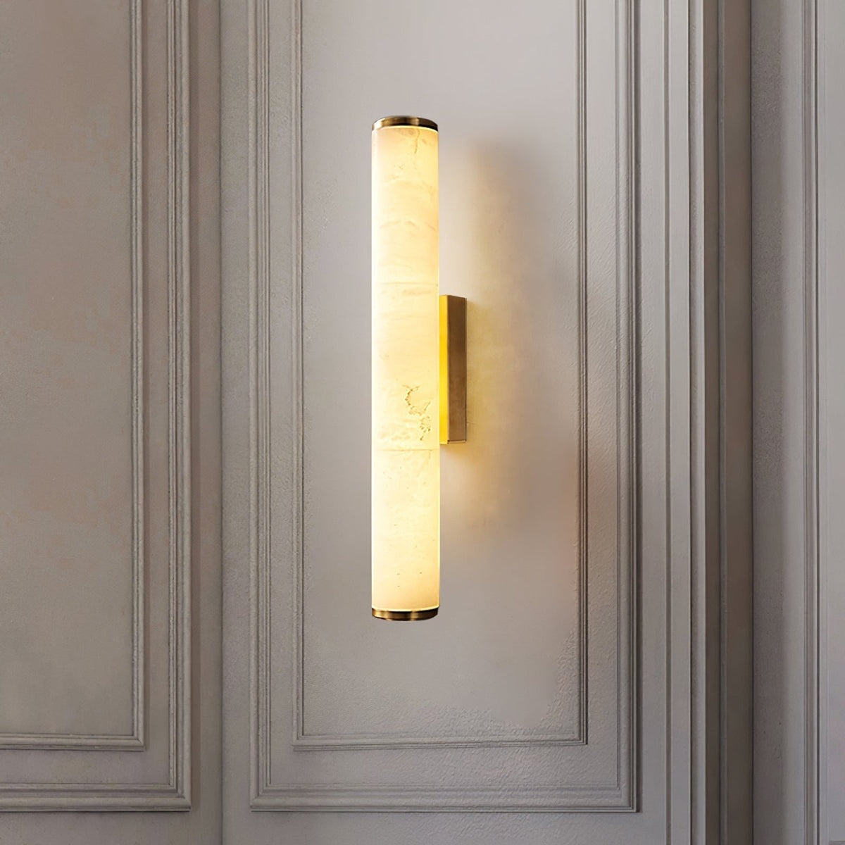 Modern Wall Sconce with Marble Cylinder Shade and Flush Mount Brass Finish Minimalist