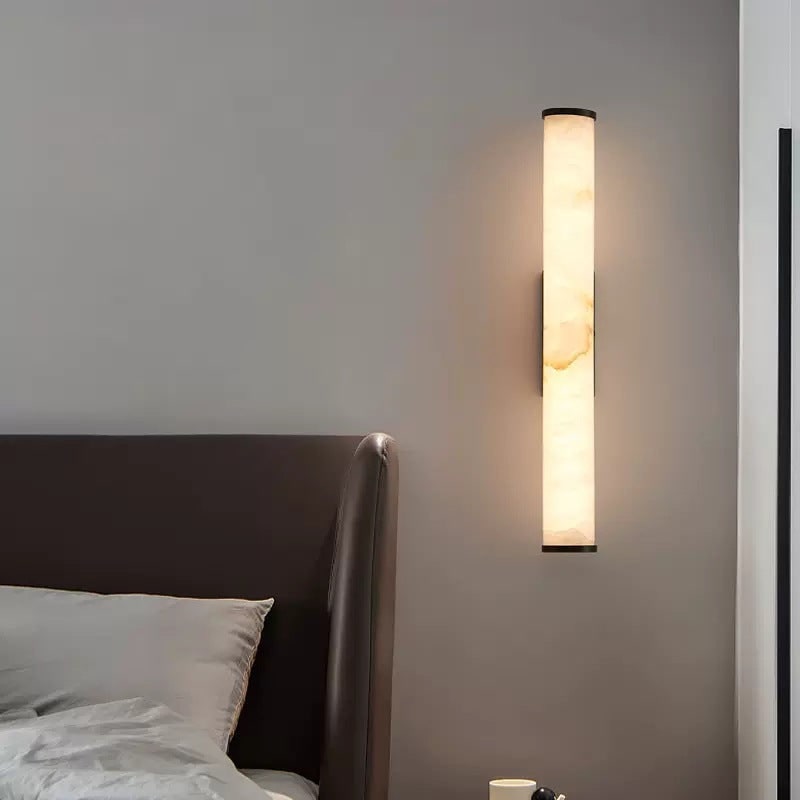 Modern Wall Sconce with Marble Cylinder Shade and Flush Mount Brass Finish Minimalist