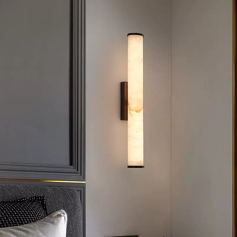Modern Wall Sconce with Marble Cylinder Shade and Flush Mount Brass Finish Minimalist