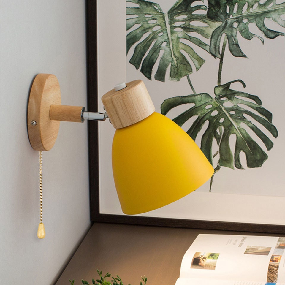 Modern Wall Sconce with Adjustable Arm Pull Chain Switch and Wooden Dome Shade Bedside