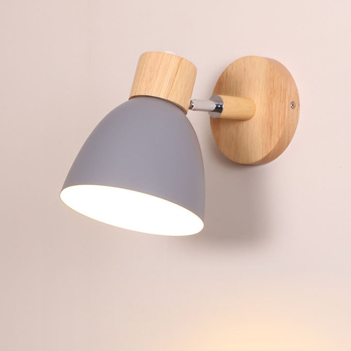 Modern Wall Sconce with Adjustable Arm Pull Chain Switch and Wooden Dome Shade Bedside