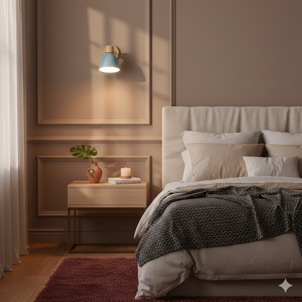 Modern Wall Sconce with Adjustable Arm Pull Chain Switch and Wooden Dome Shade Bedside