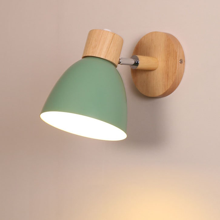 Modern Wall Sconce with Adjustable Arm Pull Chain Switch and Wooden Dome Shade Bedside