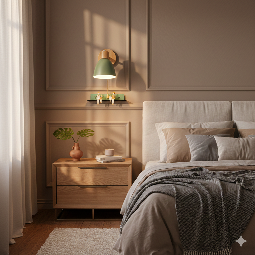 Modern Wall Sconce with Adjustable Arm Pull Chain Switch and Wooden Dome Shade Bedside