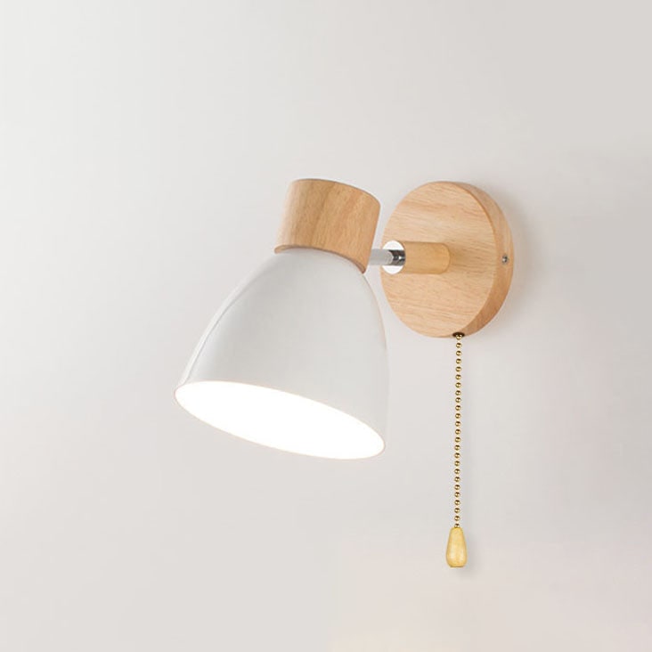 Modern Wall Sconce with Adjustable Arm Pull Chain Switch and Wooden Dome Shade Bedside