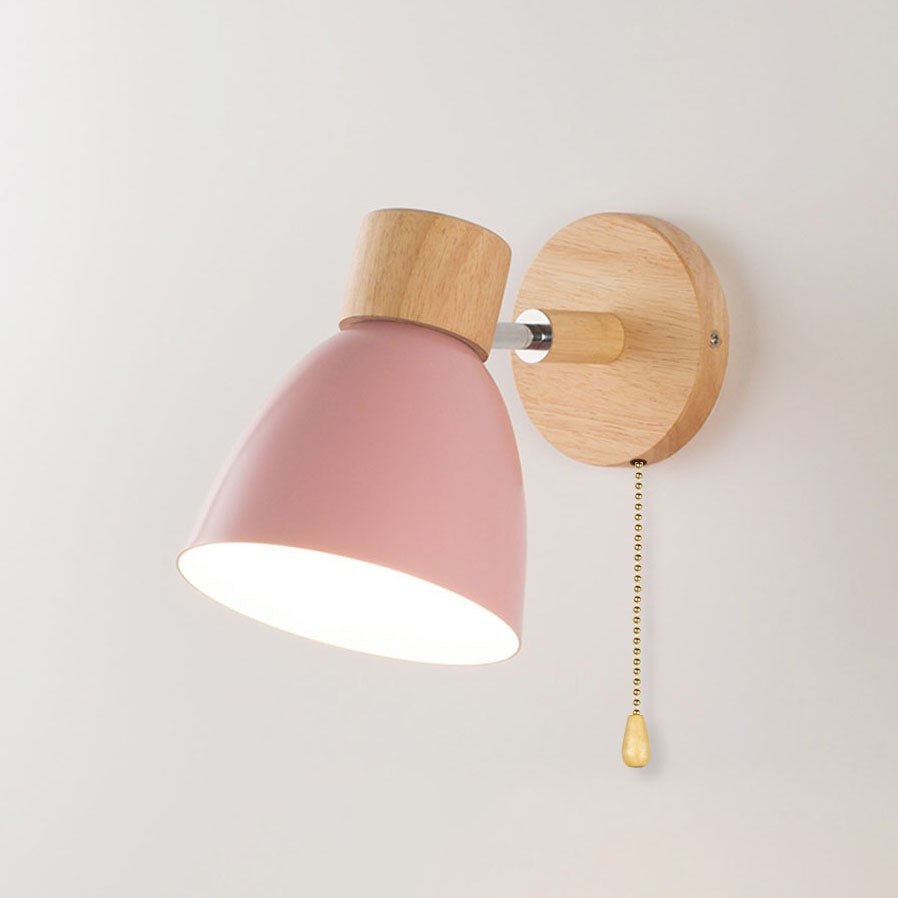 Modern Wall Sconce with Adjustable Arm Pull Chain Switch and Wooden Dome Shade Bedside
