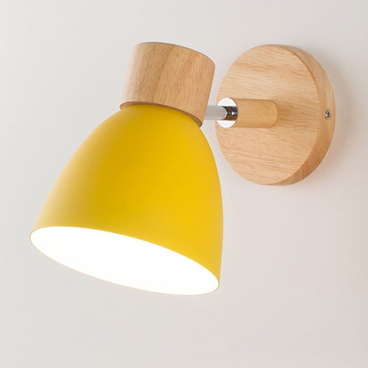 Modern Wall Sconce with Adjustable Arm Pull Chain Switch and Wooden Dome Shade Bedside