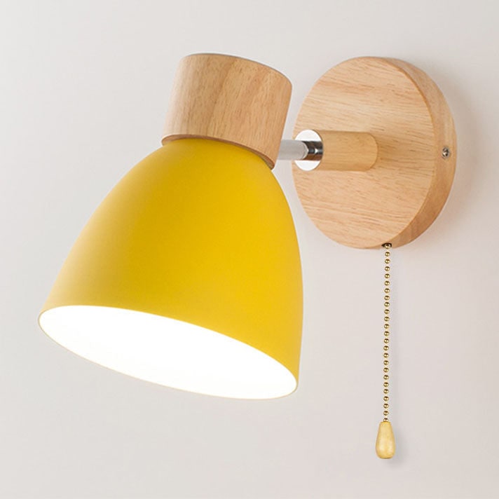 Modern Wall Sconce with Adjustable Arm Pull Chain Switch and Wooden Dome Shade Bedside
