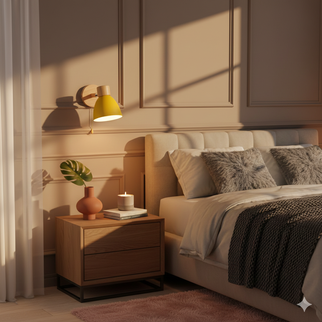 Modern Wall Sconce with Adjustable Arm Pull Chain Switch and Wooden Dome Shade Bedside