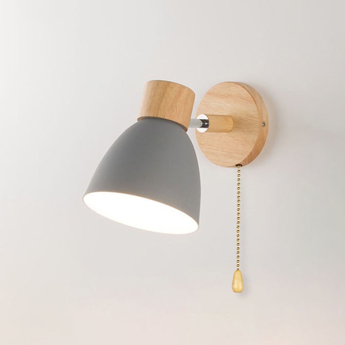 Modern Wall Sconce with Adjustable Arm Pull Chain Switch and Wooden Dome Shade Bedside