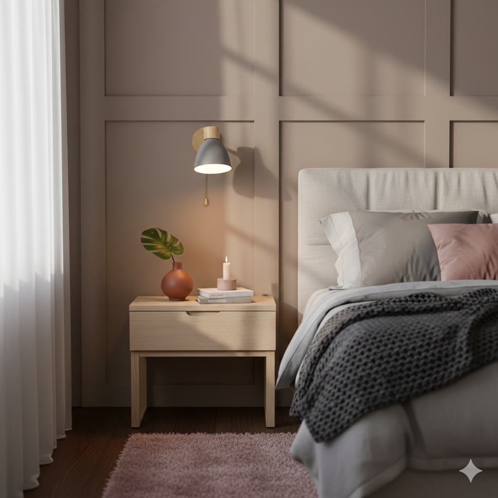 Modern Wall Sconce with Adjustable Arm Pull Chain Switch and Wooden Dome Shade Bedside