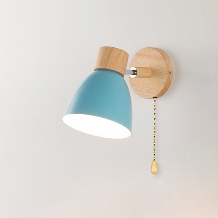 Modern Wall Sconce with Adjustable Arm Pull Chain Switch and Wooden Dome Shade Bedside