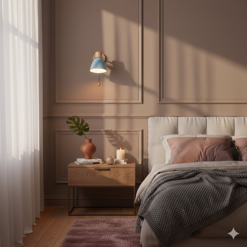 Modern Wall Sconce with Adjustable Arm Pull Chain Switch and Wooden Dome Shade Bedside