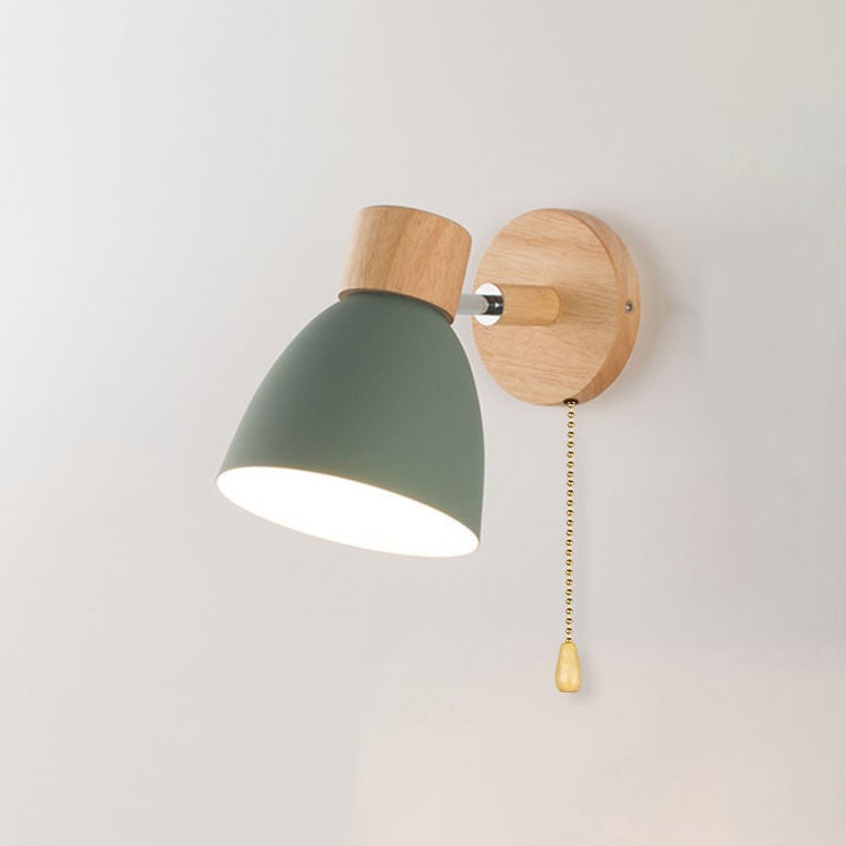 Modern Wall Sconce with Adjustable Arm Pull Chain Switch and Wooden Dome Shade Bedside