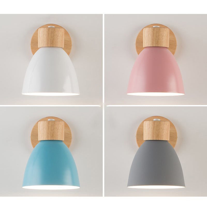 Modern Wall Sconce with Adjustable Arm Pull Chain Switch and Wooden Dome Shade Bedside