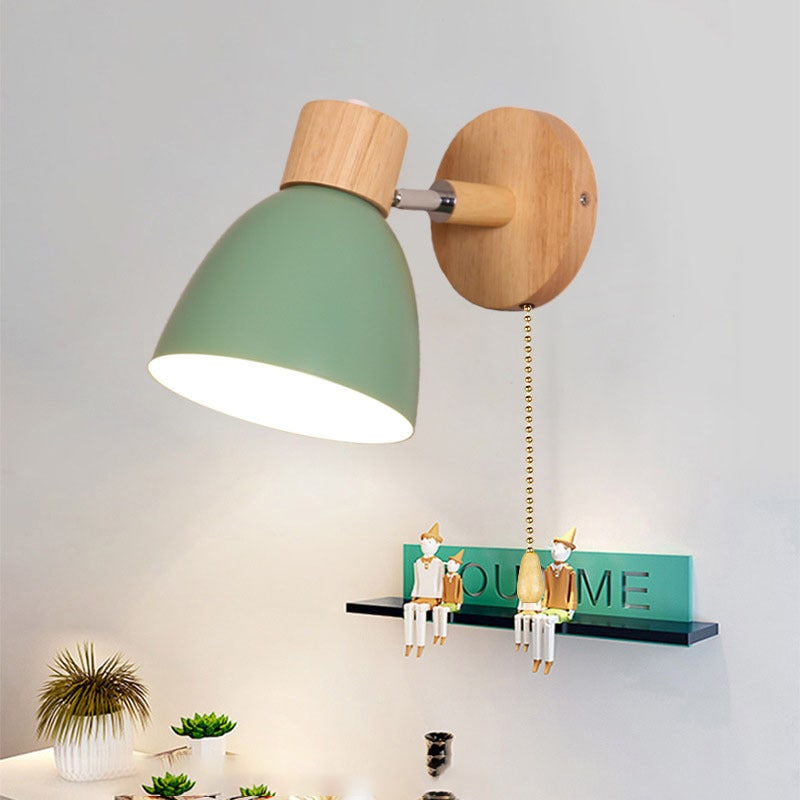 Modern Wall Sconce with Adjustable Arm Pull Chain Switch and Wooden Dome Shade Bedside