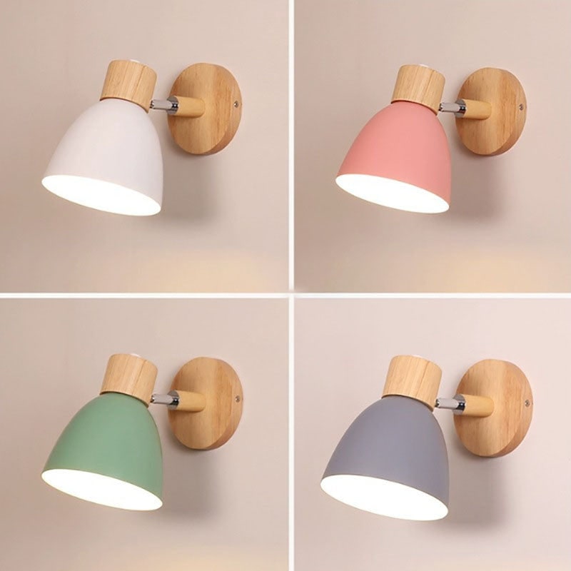 Modern Wall Sconce with Adjustable Arm Pull Chain Switch and Wooden Dome Shade Bedside