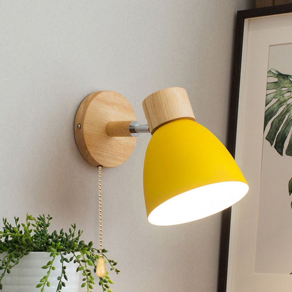 Modern Wall Sconce with Adjustable Arm Pull Chain Switch and Wooden Dome Shade Bedside