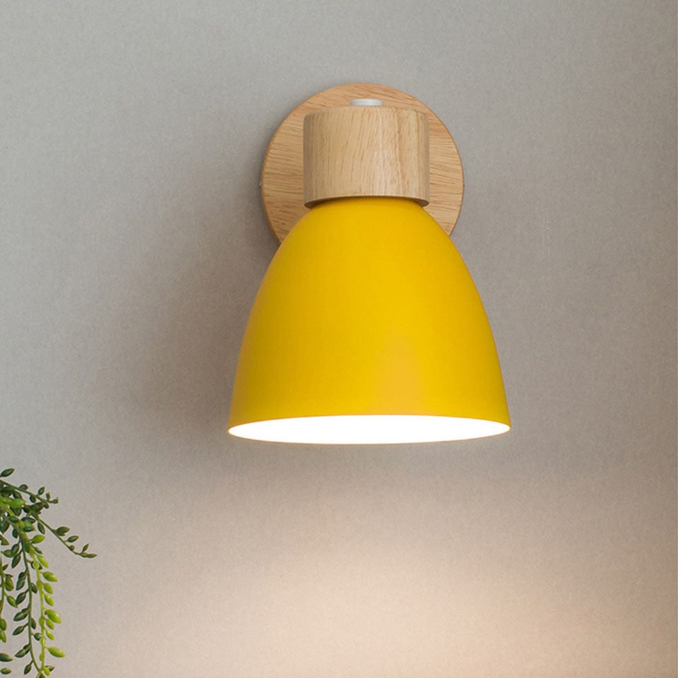 Modern Wall Sconce with Adjustable Arm Pull Chain Switch and Wooden Dome Shade Bedside
