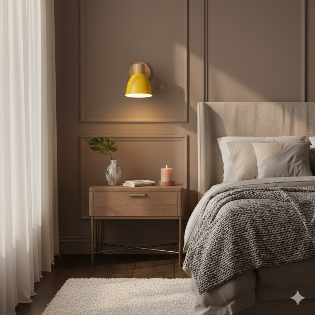 Modern Wall Sconce with Adjustable Arm Pull Chain Switch and Wooden Dome Shade Bedside